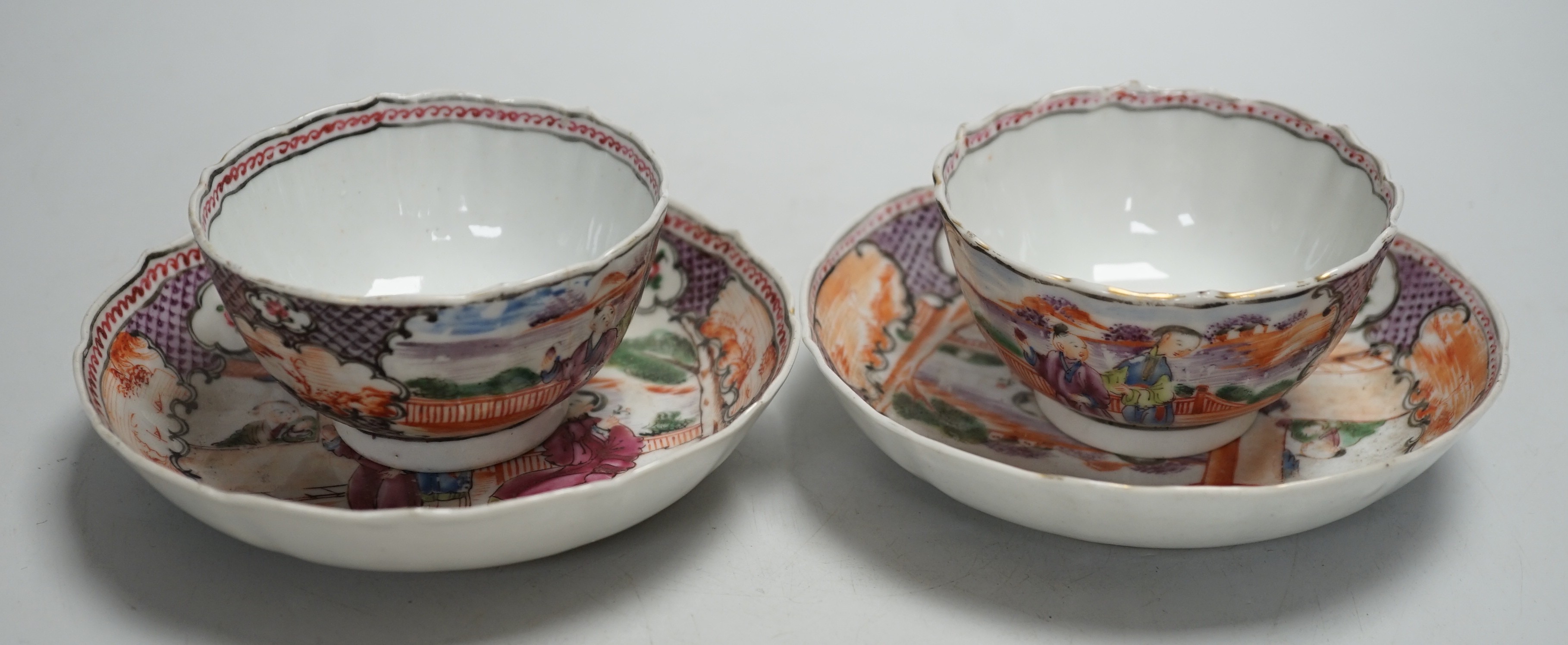 A pair of late 18th century Chinese export famille rose tea bowls and saucers. Saucers 13.5cm